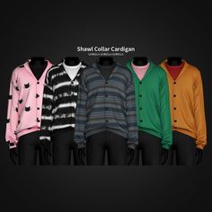 five different colored sweaters on mannequins in front of a black background