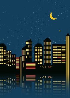 night cityscape with moon and stars reflected in the water, illustration, background png and psd