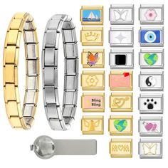 PRICES MAY VARY. Ideal Bracelet and Tools: you will receive 2 Classical Itallan style charm braclet, 1 thumb charms tools, 20Pcs Popular 10mm*9mm Italian Charms; Each tool measures about 2.17 x 0.51 inches/ 55 x 13 mm,which is suitable for most bracelet sizes. It can complete the stitching of all 9mm accessories and can be interchanged and combined with other Italian Charms Compatible with other major brand Italian charms too. These stainless steel Italian charms are available in silver and gold Charm Bracelet Diy, Italian Bracelet, Italian Charms, Diy Jewelry Gifts, Bracelet Sets, Diy Charm Bracelet, Charms Bracelet, Bracelet Diy, Cute Bracelets