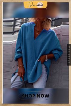 Women Autumn Casual Long Sleeve V-neck Blouse Solid Color Loose Pullover Top Ladies Commuter Fashion Simple All-match Shirt Oversized V-neck Casual Tops, Trendy Oversized V-neck Blouse, Blue V-neck Blouse For Fall, Trendy Solid Color V-neck Blouse, Trendy V-neck Top For Vacation, Fall Beach V-neck Blouse, Solid Color V-neck Blouse For Summer, Summer Solid Color V-neck Blouse, V-neck Solid Color Summer Blouse