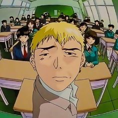 an anime character with blonde hair in front of a classroom full of people sitting at desks