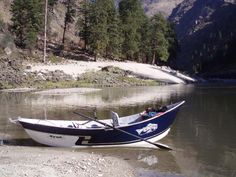 a small boat is tied up to the shore by a rope in front of a mountain lake