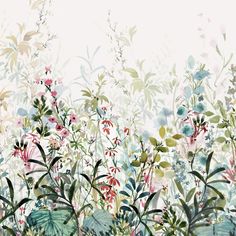 an artistic painting of flowers and plants in pastel colors on a white background with space for text