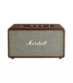 the marshall portable bluetooth speaker is brown and has gold trimmings on it