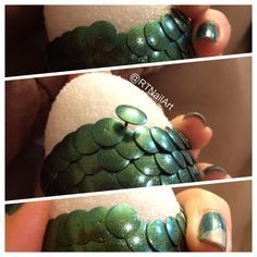 three pictures of an egg with green and white designs on it, one being painted