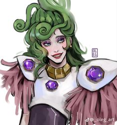 a drawing of a woman with green hair and purple eyes, wearing an elaborate outfit