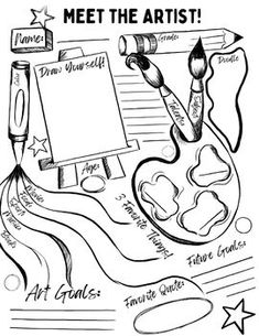 a black and white drawing of an artist's easel with the words meet the artist