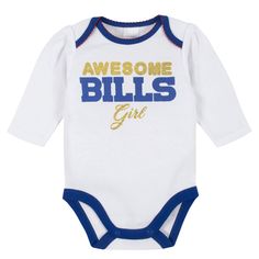 Buffalo Bills Baby Girls Bodysuit, Pant, and Cap Set Cotton Bodysuit With Letter Print For Playtime, Cotton Onesie With Letter Print For Playtime, Playtime Cotton Bodysuit With Name Print, Cotton Bodysuit With Name Print For Playtime, Casual Cotton Onesie For Game Day, Blue Cotton Bodysuit With Letter Print, Cotton Onesie With Name Print, Buffalo Bills Baby, Baby Pants