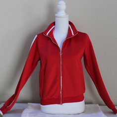 Track Jacket, Red With White Stripe, New, Fitted Trendy Red Long Sleeve Track Jacket, Trendy Red Track Jacket For Fall, Red Stretch Outerwear For Fall, Sporty Red Stretch Outerwear, Sporty Stretch Red Outerwear, Red Stretch Sporty Outerwear, Red Stretch Outerwear For Spring, Casual Red Stretch Outerwear, Red Long Sleeve Track Jacket For Spring