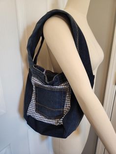 Denim and plaid shoulder bag. Upcycled from jeans with a unique, one of a kind design. Meticulously made for individuals who value the time and creativity of the maker. All questions are welcomed. Item is made in smoke free home. Enjoy! Everyday Dark Wash Upcycled Shoulder Bag, Everyday Upcycled Dark Wash Shoulder Bag, Casual Upcycled Hobo Shoulder Bag, Casual Handmade Recycled Denim Shoulder Bag, Casual Handmade Shoulder Bag In Recycled Denim, Upcycled Cotton Hobo Shoulder Bag, Denim Purse, The Maker, Purses And Handbags