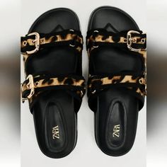 Flat Leather Sandals With Hide Hair. Animal Print. Wide Buckles. Round Toe Leopard Print Leather Sandals With Round Toe, Zara Black Leather Sandals, Trendy Zara Leather Sandals, Leather Sandals In Leopard Print For Summer, Leopard Print Leather Sandals For Summer, Flat Leather Sandals, Zara Gold, Leather Sandals Flat, Women Sandals