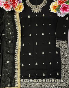 Designer Party Wear Faux Georgett Pakistani Suit Collection Processing Time : 20-25 Working Days Work : Black Floral Embroidered Georgette Pakistani Suit Fabric:Top : Faux Georgette Bottom : Santoon Dupatta : Faux Georgette Color:Top : Black Bottom : Black Dupatta : Black Note : Black colored pakistani suit is prettified with thread work as shown which makes it appear classy. This top is made of georgette fabric which is accompanied with santoon bottom, santoon lining and Georgette dupatta. Wome Golden Dupatta, Black Dupatta, Mens Sherwani, Pakistani Suit, Georgette Dupatta, Suit Collection, Silk Bottoms, Black Bottom, Moroccan Caftan