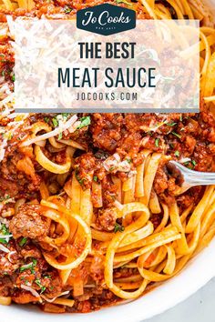 the best meat sauce for pasta in a white bowl with text overlay that reads, the best meat sauce