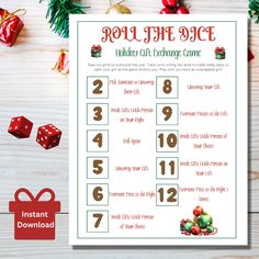 a holiday gift exchange game is shown with presents around it and the words, roll the dice