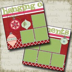 two christmas cards with ornaments hanging from the top and bottom, both in green and red