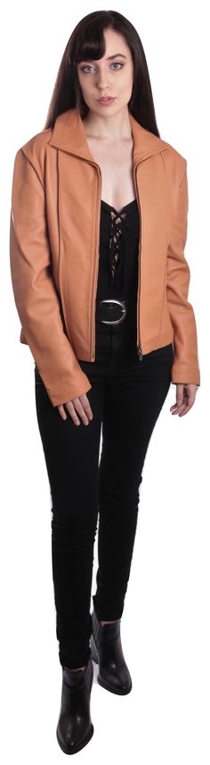 Women's Tan Leather Jacket. Zippered mid-section. Soft and supple leather 100% genuine sheepskin leather. Columnar detailed panels on both sides. It is elegant with its classy and simple look. Keeping a simple design, we let the leather speak volumes, it is soft and supple which makes this jacket a truly remarkable and standout piece. Lined with Satin in a beautiful tan shade. Made to order. Please allow 7-10 business days for production and another 5 days for delivery. Womens Leather Jacket, Tan Leather Jacket, Everyday Jacket, Tan Leather Jackets, Sheepskin Jacket, Beige Jacket, Simple Look, Zipper Jacket, Womens Size Chart