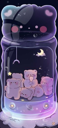 three teddy bears in a glass jar with stars and moon on the sky above them