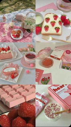 pink and white desserts are arranged on the table