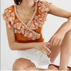 Anthropologie Embroidered Top Size Xs Surplice New With Tags Burnt Orange Pull Over Smocked Silk Sleeveless Top, Ruffle Jacket, Eyelet Blouse, Lace Short Sleeve Top, Balloon Sleeve Blouse, Orange Blouse, Anthropologie Top, Boho Blouses, Red Blouses