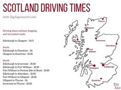 a map with the locations of scotland driving times in red and black on it's white background