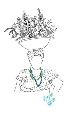 a drawing of a woman wearing a hat with flowers on it