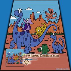 a cross stitch pattern with an image of dinosaurs and other animals in the same color scheme