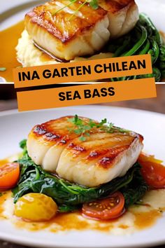 two plates with different types of food on them and the words ina garten chilean sea bass