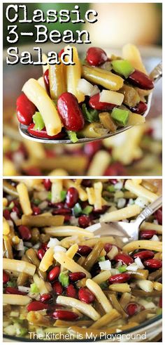 a close up of food on a spoon with the words classic 3 - bean salad