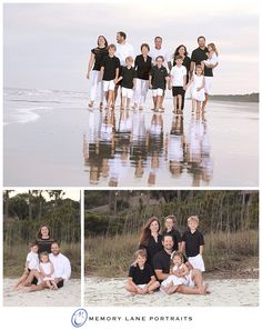 the family is posing for pictures on the beach