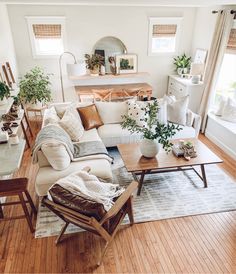 a living room filled with lots of furniture and plants on top of a hard wood floor