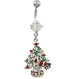 a christmas tree belly ring with jeweled stones on the bottom and an attached navel bar