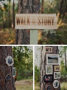 a tree with pictures on it and a sign that says walk the story in different languages