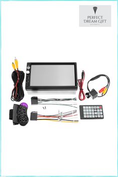 an image of a car stereo system with remotes and wires on the front side