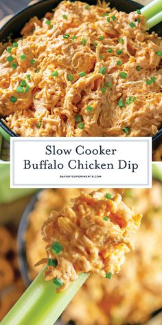 slow cooker buffalo chicken dip in a bowl with celery on the side