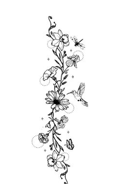 a black and white drawing of flowers with birds flying around the flower stems, on a white background