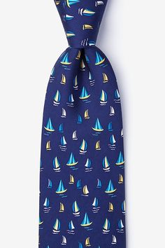 Navy Blue Smooth Sailing Tie | Sailboat Tie | Ties.com Casual Summer Ties, Casual Blue Ties For Spring, Casual Blue Spring Ties, Blue Summer Tie, Scarf Storage, Navy Blue Tie, Smooth Sailing, Knit Tie, Blue Tie