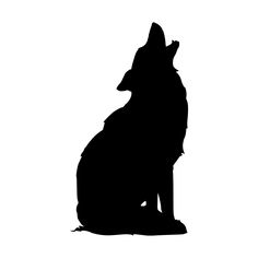 a black and white silhouette of a wolf sitting on the ground with its head turned to the side