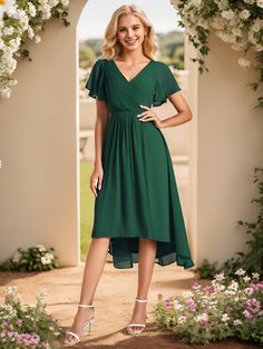 Chic V Neck Asymmetrical Hem Ruffles Sleeve Pleated Chiffon Wedding Guest Dress #color_Dark Green Cute Knee Length Dresses, Wedding February, Midi Wedding Guest Dress, Dancesport Dresses, February Wedding, Romantic Garden Wedding, Casual Maternity, Pleated Chiffon, Affordable Dresses