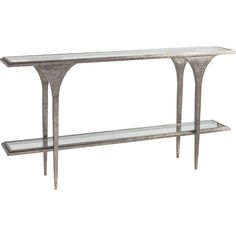 a metal and glass console table with two shelves