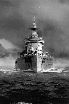 an old photo of a large ship in the middle of the ocean with mountains in the background