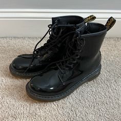 Brand New, Never Worn Doc Marten Boots. Perfect Sole, No Damage. Shiny Black With Side Zippers. Size 8 Women’s/Kids 6. Black Fitted Martin Boots With Round Toe, Fitted Black Martin Boots With Round Toe, Shiny Doc Martens, Doc Marten Boots, Doc Marten Boot, Doc Marten, Dr Martens Black, Dr Martens Boots, Size 8 Women