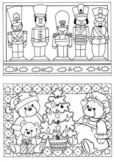 two coloring pages with teddy bears and christmas decorations