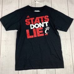 Stats Dont Lie Adidas Large Casual Black Tshirt New Men Black T-shirt With Text Print For Fans, Black Fan Gear T-shirt With Text Print, Casual Text Print T-shirt For Fan Gear, Black Fan Apparel T-shirt With Lettering, Black T-shirt With Lettering For Fan Merchandise, Black Fan Apparel Top With Text Print, Black Graphic Tee For Fan Gear, Black Fan Apparel T-shirt With Text Print, Black T-shirt With Screen Print For Fan Gear