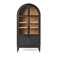 a black cabinet with glass doors on the front and bottom shelves, in an arch shape