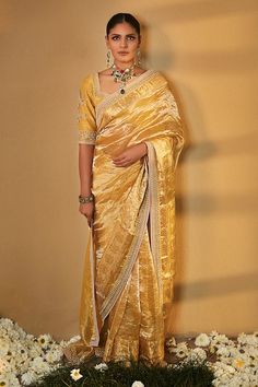 Buy Yellow Saree Tissue Blouse Chanderi Silk Sunaina Wrinkled With For Women by MATSYA Online at Aza Fashions. Tissue Saree, Yellow Saree, Saree With Blouse, Blouse Online, Sweetheart Neck, Every Girl, Aza Fashion, Fashion Forward, Types Of Sleeves