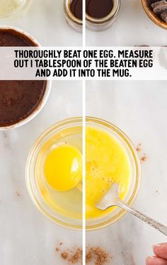 two pictures showing how to make an egg in a glass bowl with eggs and chocolate