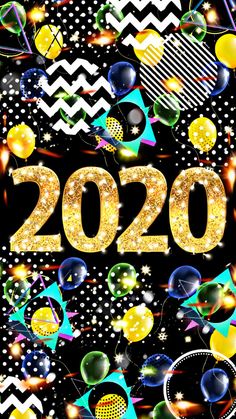 new year's eve 2020 with balloons, streamers and confetti on black background