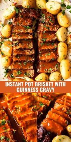 some meat and potatoes on a white plate with text that reads instant pot brisket with guinness gravy