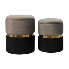 Featuring soft velvet upholstery punctuated by a contrasting gold band, the versatile Gigi ottoman set can be used as footstools or extra seating. The tops of the ottomans also open to provide some much-needed storage space. Grey Storage Ottoman, Black And Gold Living Room, Gold Ottoman, Grey Ottoman, Storage Ottomans, Small Ottoman, Round Storage Ottoman, Grey Storage, Gold Living Room