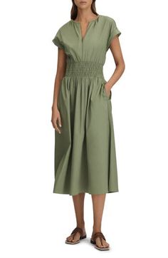 A cotton dress features a sweetly shirred waist and the perfection of a pair of pockets. 48" length (size 4UK0) Split neck Short sleeves Side-seam pockets Unlined 100% cotton Machine wash, line dry Imported Green Linen A-line Midi Dress, Green A-line Cotton Midi Dress, Cotton A-line Midi Dress With Button Closure, Green Relaxed Fit V-neck Midi Dress, Relaxed Fit V-neck Linen Dress With Pockets, Hairstyling Products, Rollerball Perfume, Cotton Midi Dress, Nordstrom Store